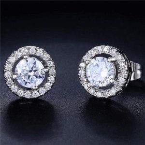 Platinum Plated  Diamond Stud Earrings(Silver/Clear)